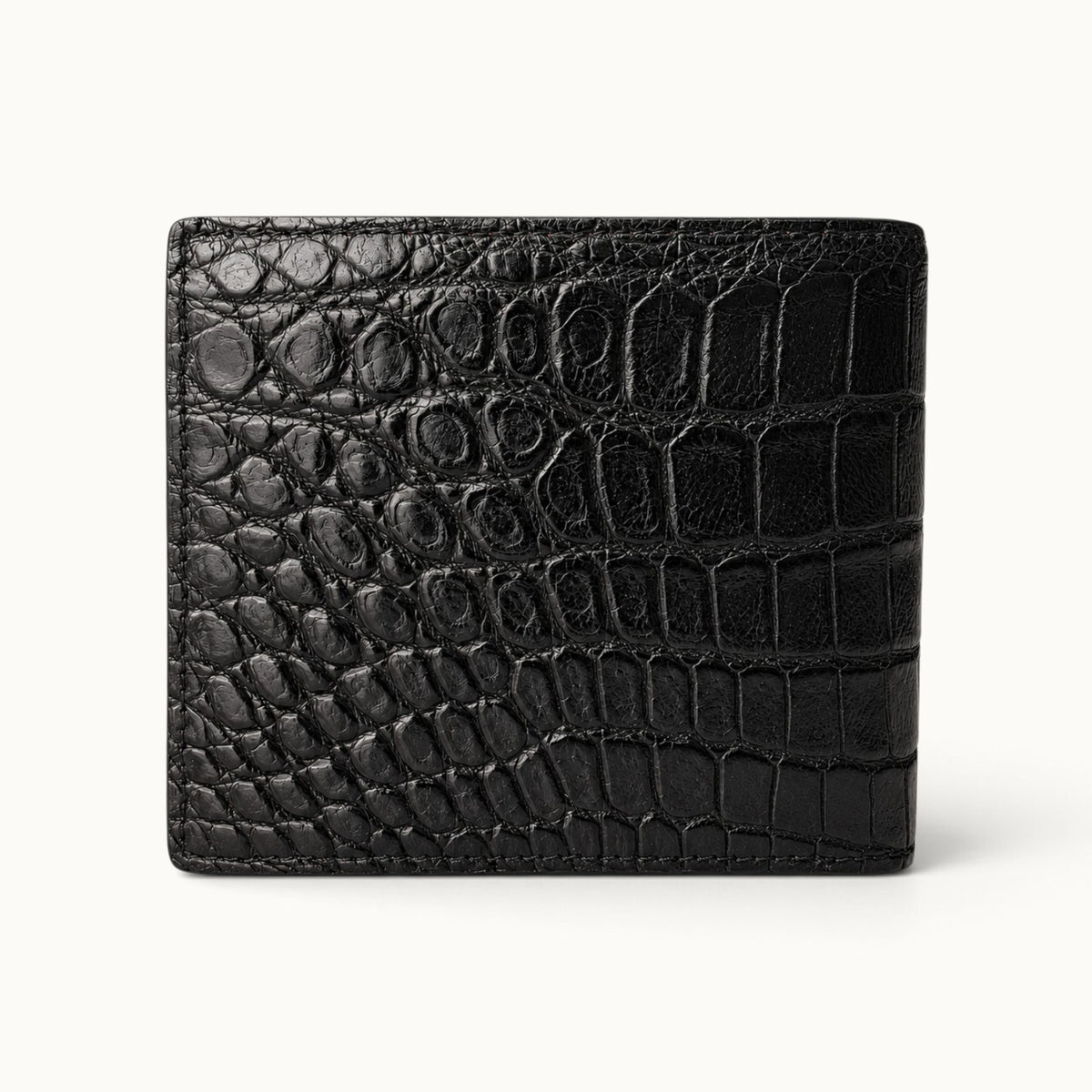 Back view of The Ashford genuine black crocodile leather men’s bifold wallet, showcasing its distinctive natural scale pattern and handcrafted luxury finish.