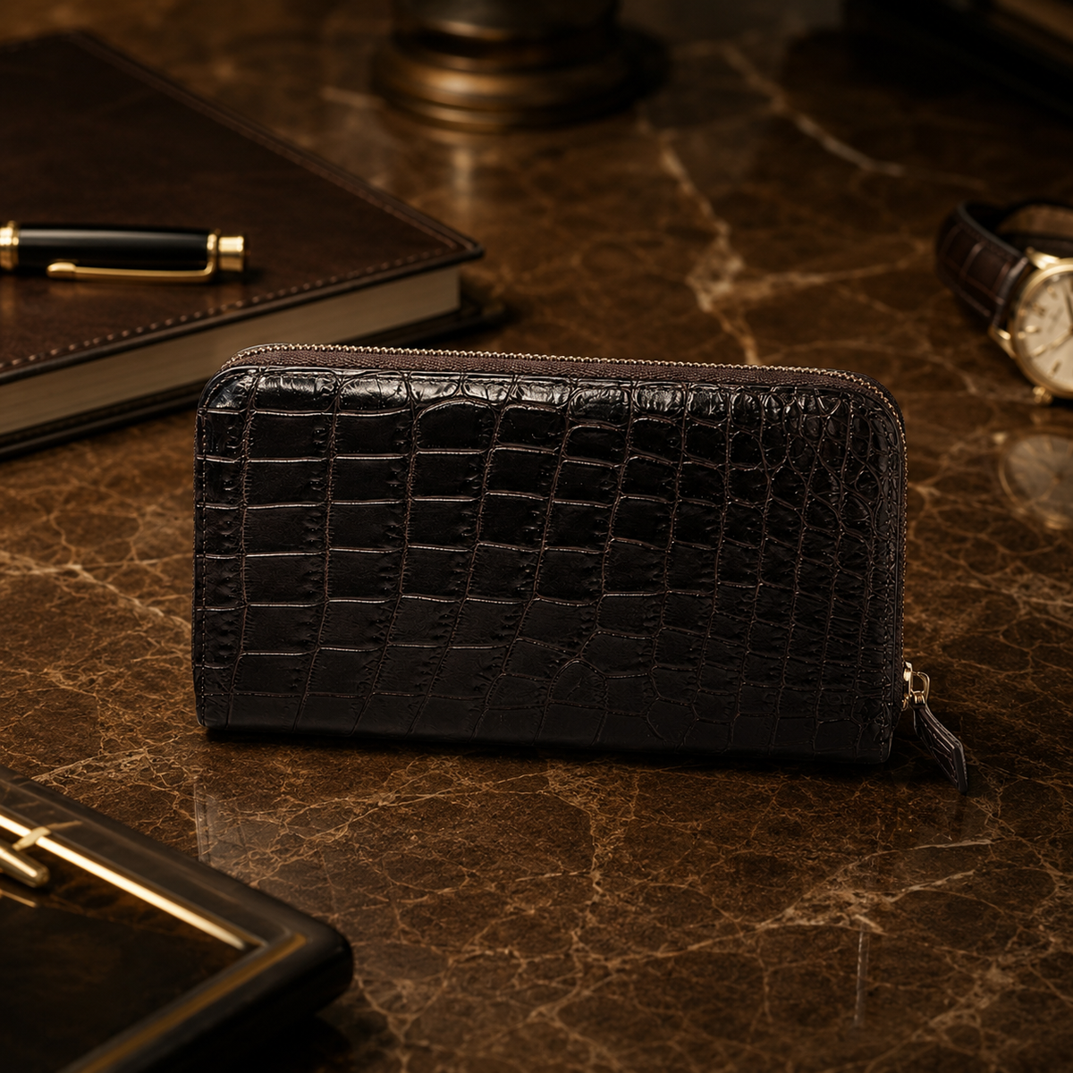 Nicotine brown crocodile zip-around wallet in a luxury lifestyle setting on a dark marble desk with refined office accessories.