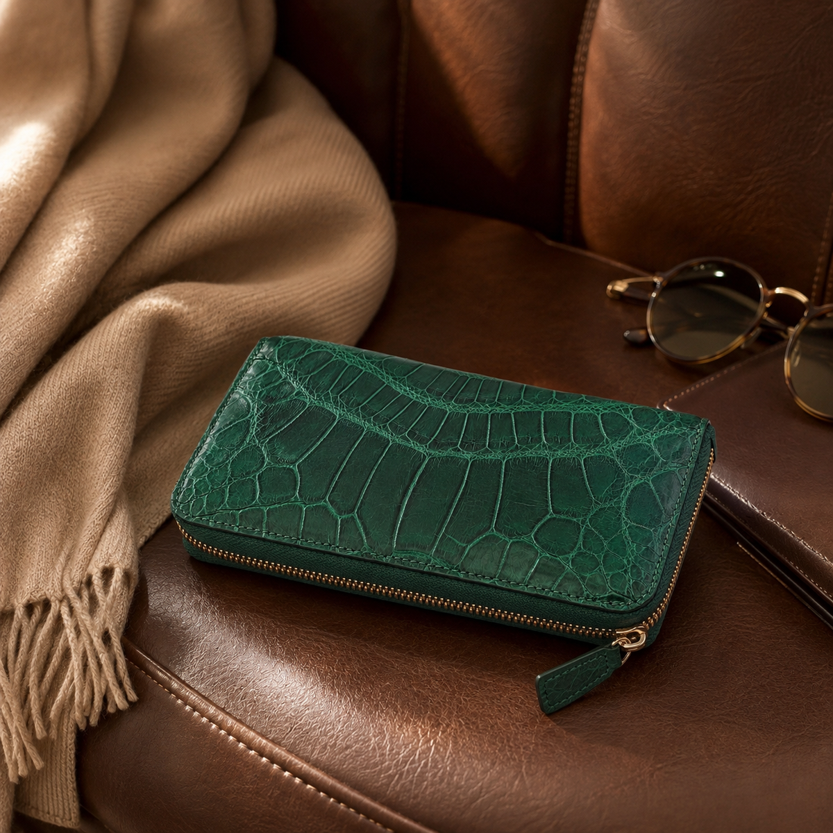
Belvedere Emerald Green Siamese crocodile zip-around wallet styled on a brown leather lounge chair with a soft beige throw and sunglasses.