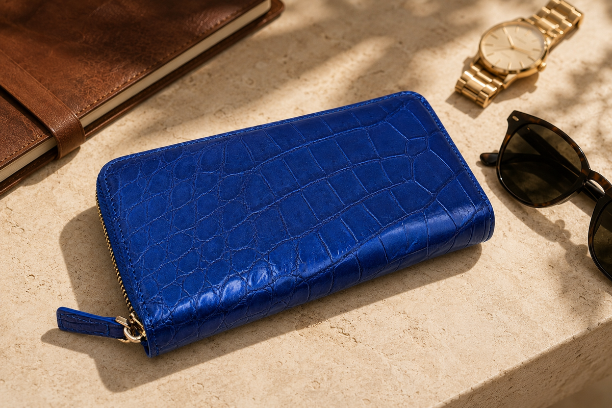 Belvedere Siamese crocodile zip-around wallet in Royal Blue styled on warm stone with a leather journal, gold watch, and sunglasses