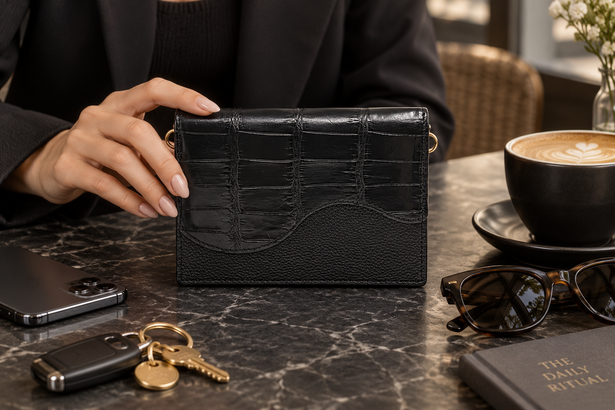 The Berkeley Crocodile Convertible Wallet in Black shown in an everyday café setting with its slim profile and crocodile leather design.