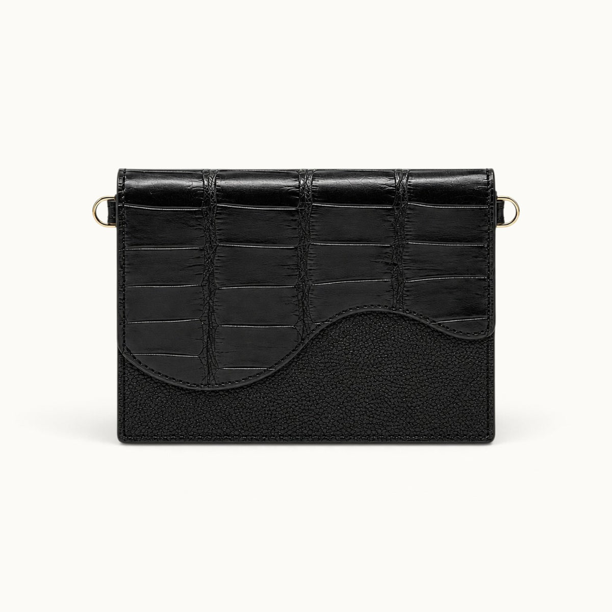 Front view of The Berkeley Crocodile Convertible Wallet in Black with no straps attached.