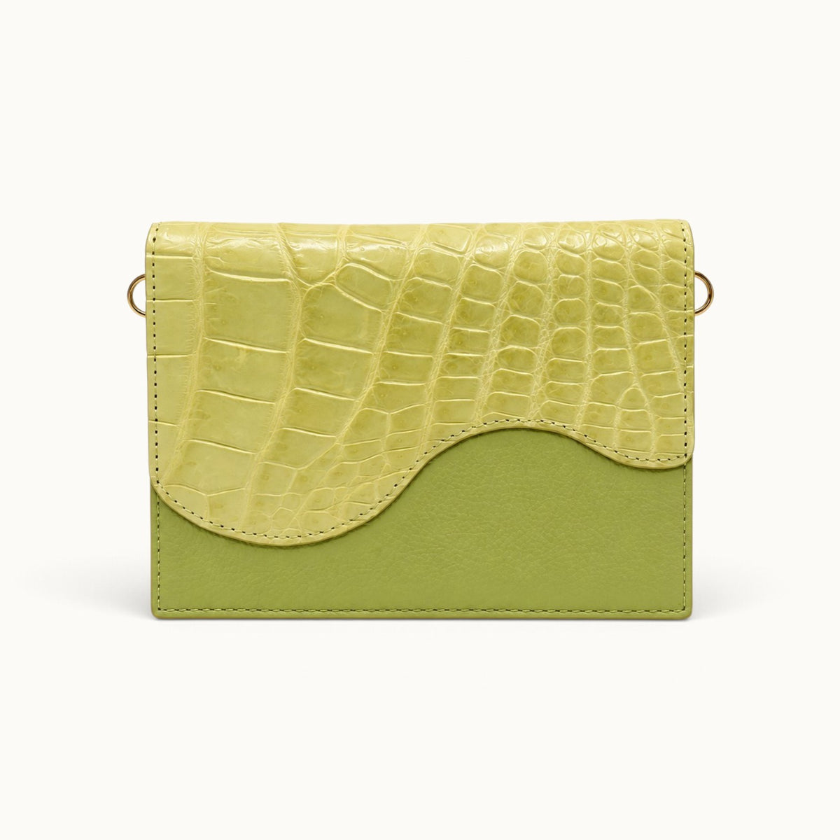 Front view of The Berkeley Crocodile Convertible Wallet in Lime Green with no straps attached.