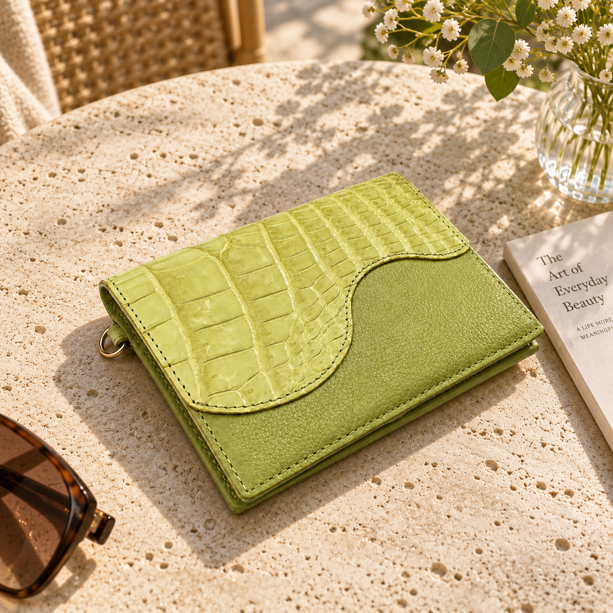The Berkeley Crocodile Convertible Wallet in Lime Green styled on a sunlit stone table with sunglasses and flowers.