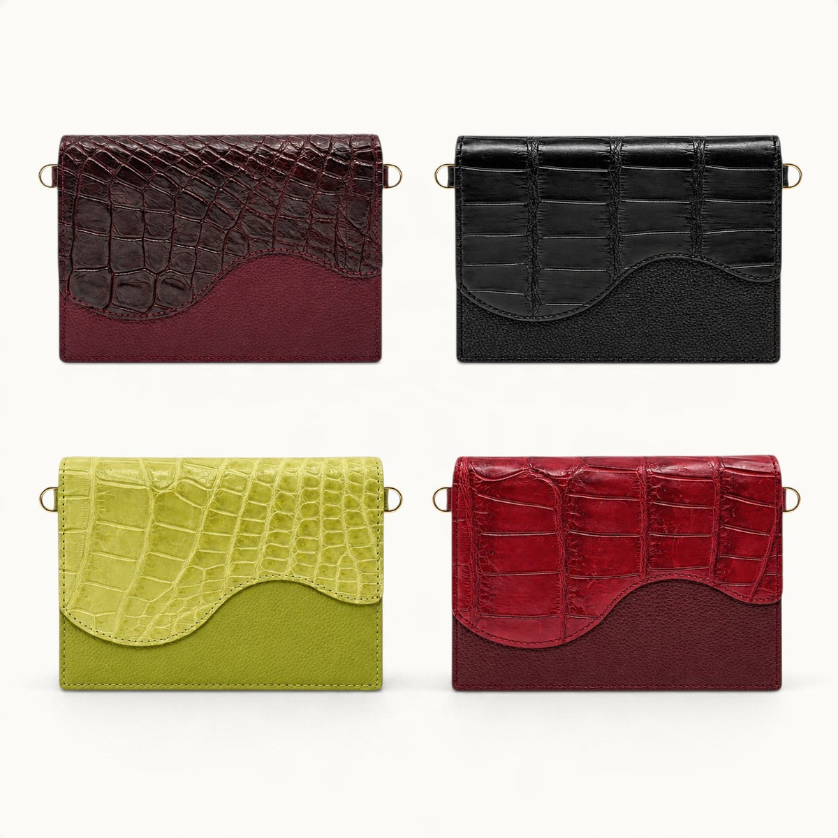 The Berkeley Crocodile Convertible Wallet shown in Bordeaux, Classic Black, Lime Green, and Burgundy, crafted from genuine Siamese crocodile and pebbled calf leather.