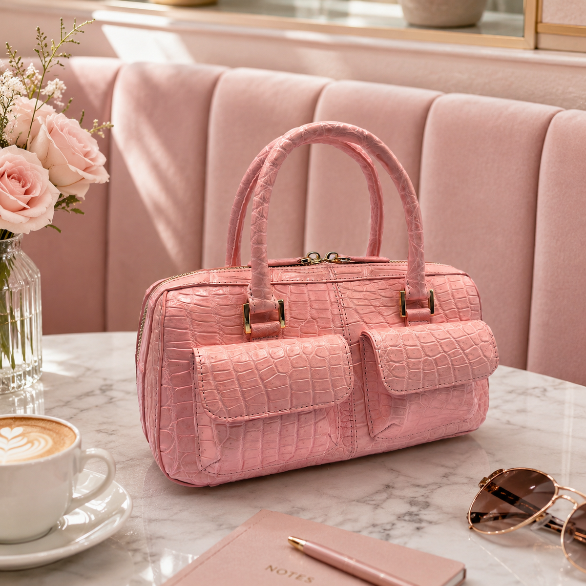 Blush pink crocodile leather top handle bag styled on a chic café table in a soft luxury lifestyle setting.