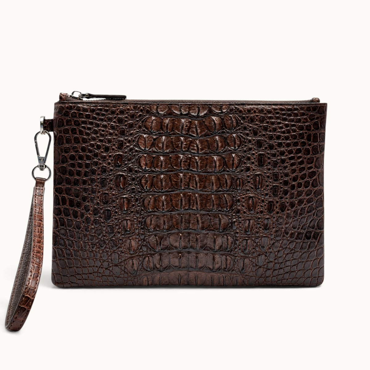 Luxury espresso brown crocodile wristlet purse with removable matching leather strap