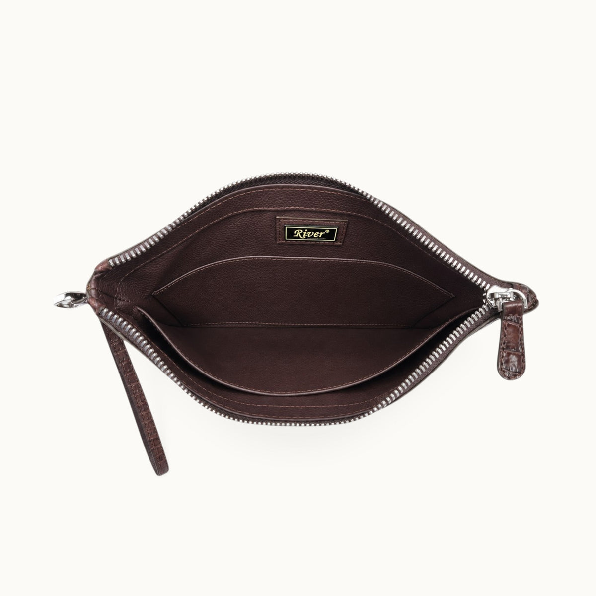 Espresso brown crocodile zip pouch with coordinated brown leather interior and slip pocket