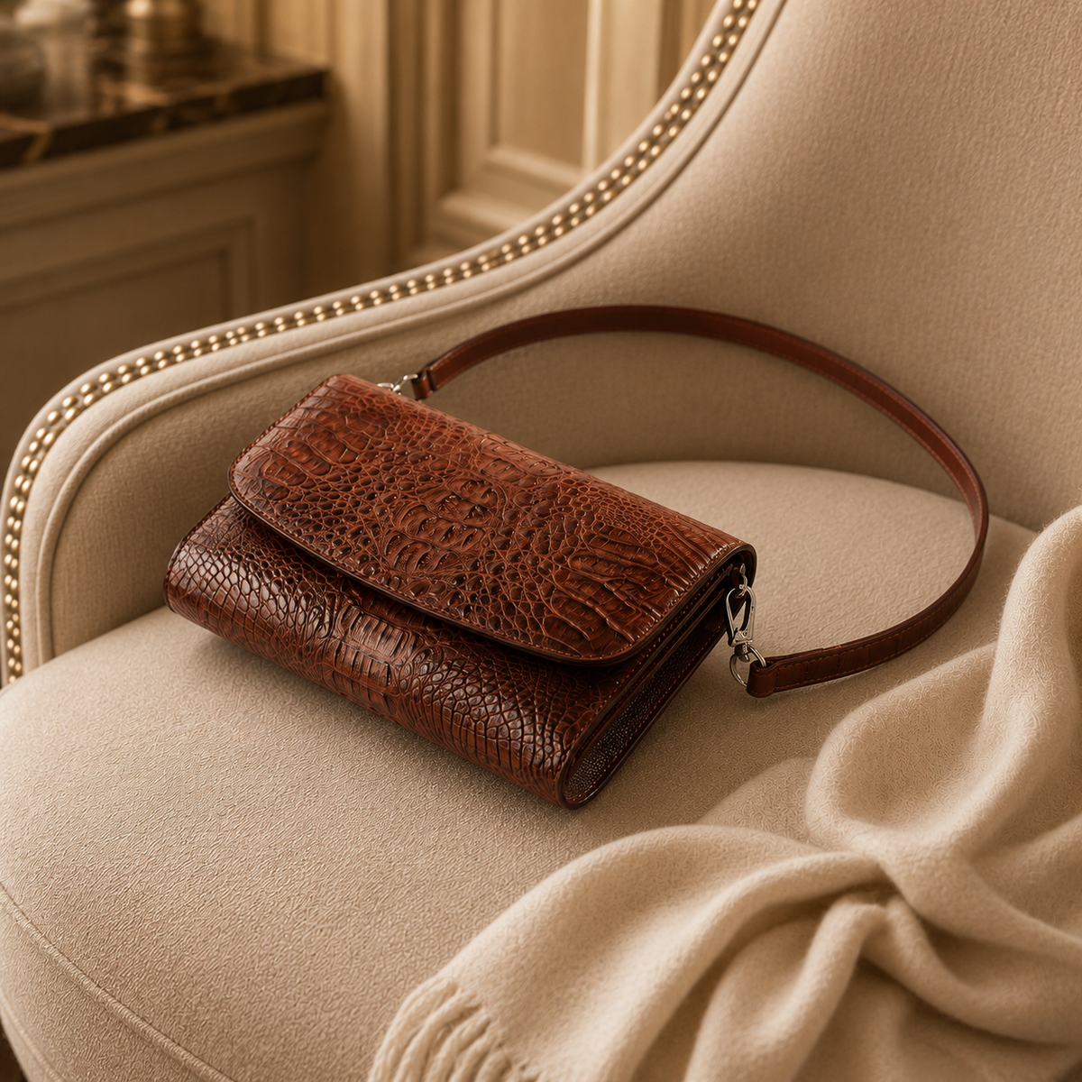 The Cavendish genuine caiman leather shoulder clutch in rich brown resting on a cream armchair with its detachable strap in an elegant luxury interior.