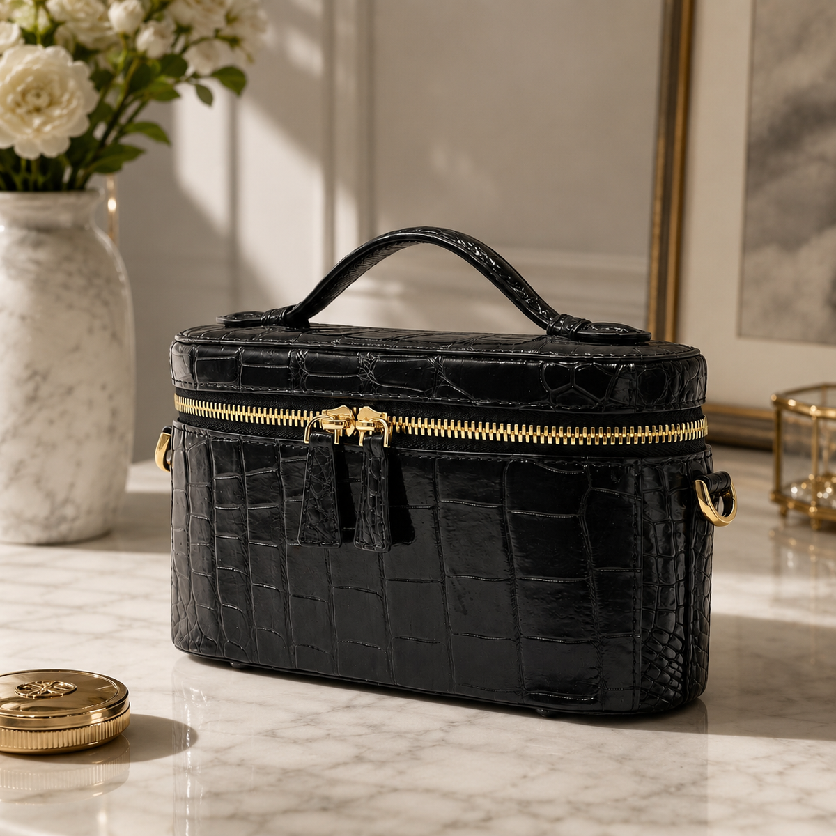 Classic Black Clarendon crocodile mini box bag in a luxury vanity setting, featuring genuine Siamese crocodile leather, a structured top handle, gold-tone hardware, and an elegant compact designer evening bag silhouette.