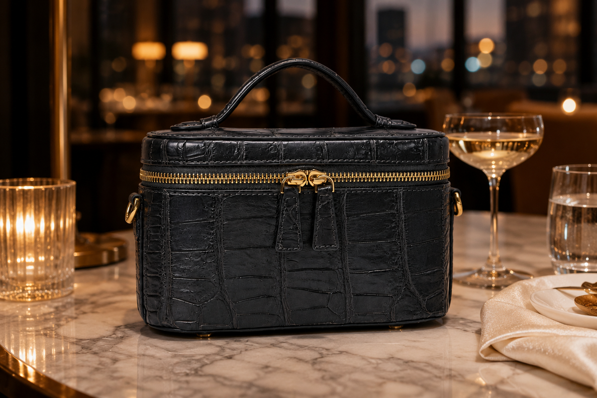 Gunmetal Gray Clarendon crocodile mini box bag styled on a marble table in an elegant evening restaurant setting with gold hardware and a structured vanity silhouette.