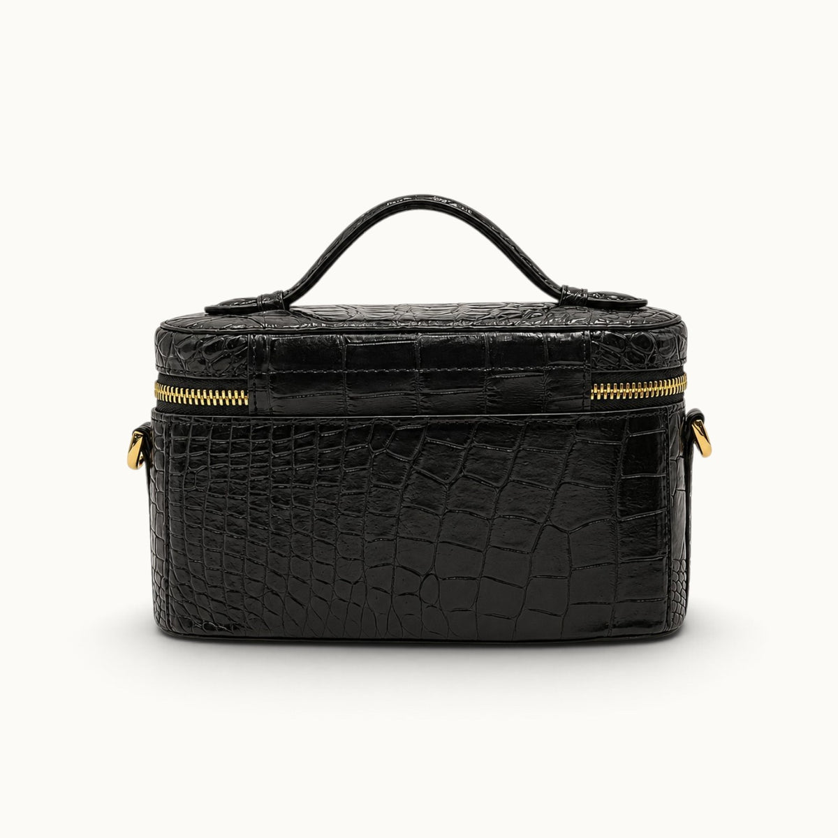 Back view of The Clarendon Classic Black crocodile leather evening bag showing natural exotic skin scales and clean construction.