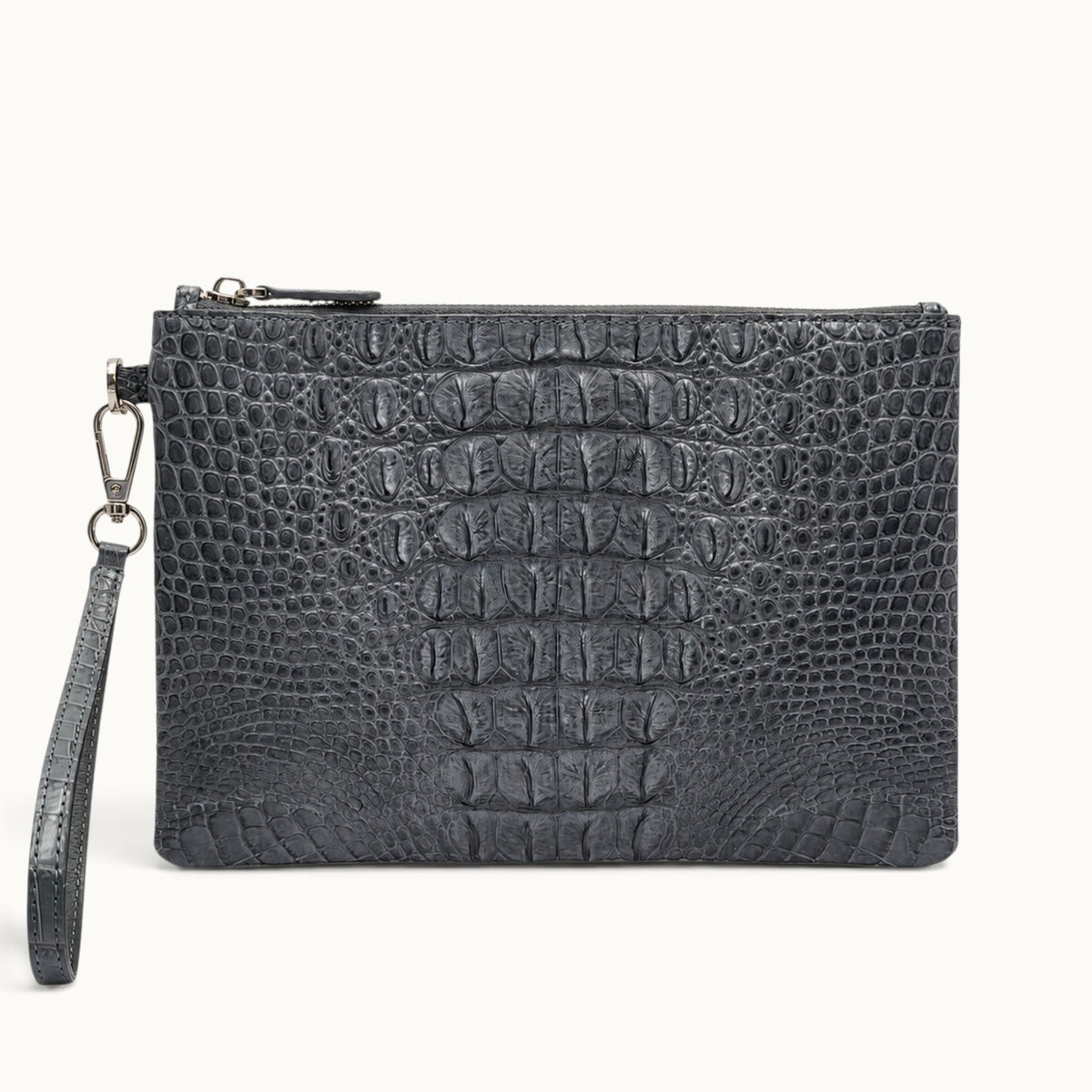 Gunmetal gray exotic skin wristlet clutch with detachable strap and polished metal hardware
