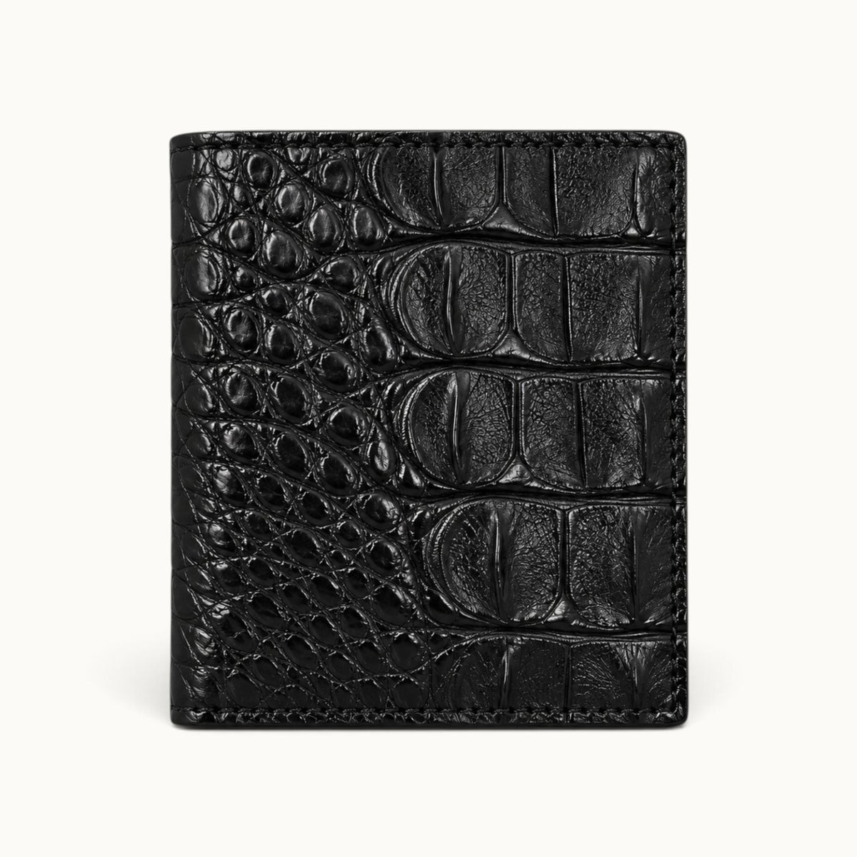 The Compact Crocodile Wallet in Classic Black genuine Siamese crocodile leather, front hero view