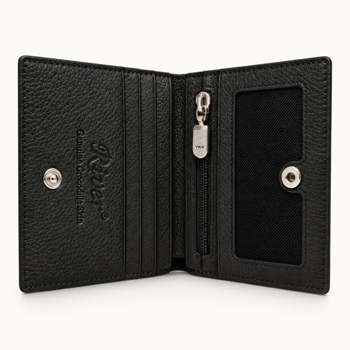 The Compact Crocodile Wallet in Classic Black opened to show card slots, mesh ID window, YKK zip pocket and full-grain leather interior