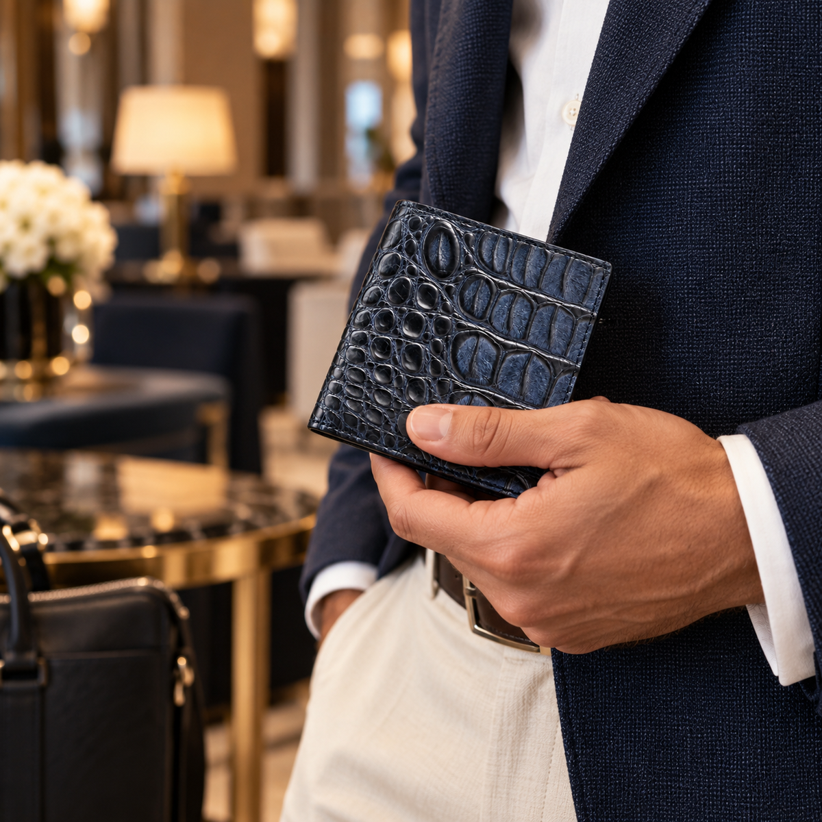 The Compact Crocodile Wallet in Deep Navy held in hand with a tailored navy blazer, showing its compact size and luxury crocodile leather finish