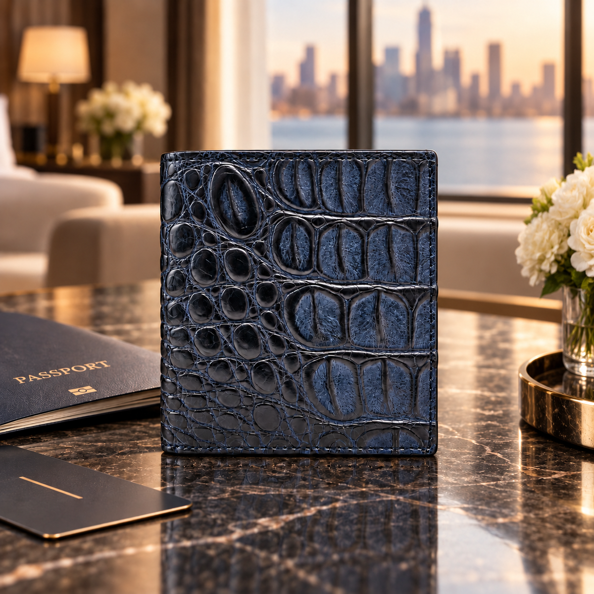 The Compact Crocodile Wallet in Deep Navy styled in a refined travel setting with a city view and luxury accessories