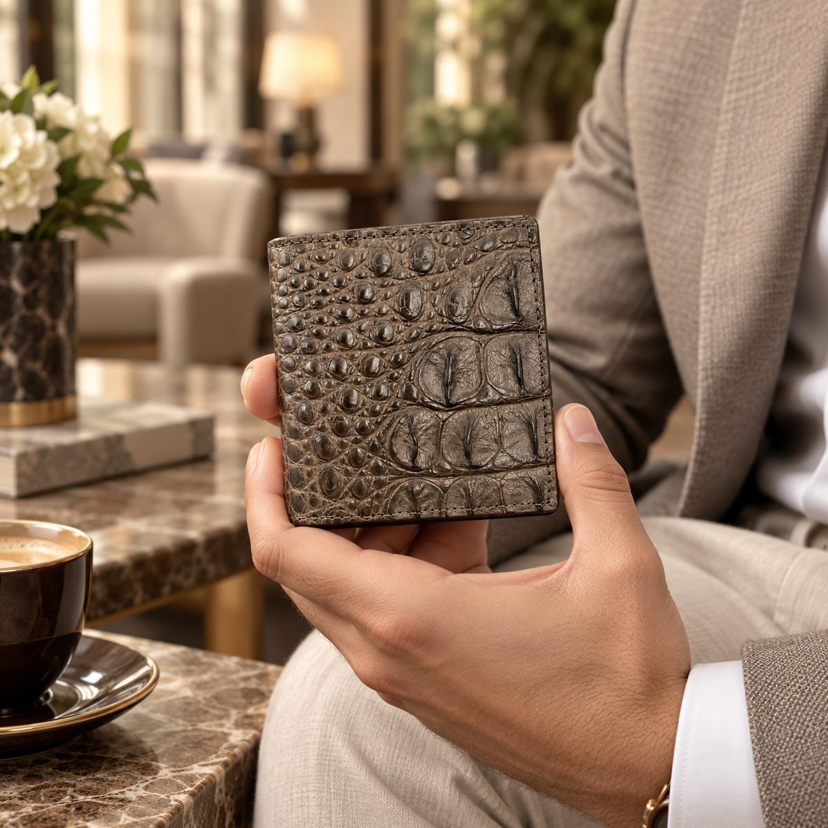 The Compact Crocodile Wallet in Taupe Green held in hand in a refined lounge setting, showing its compact size and natural crocodile texture