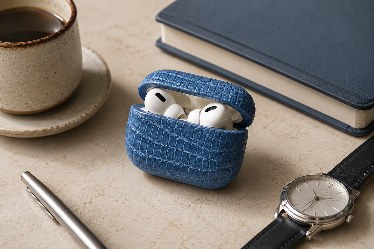 Blue crocodile leather AirPods case with AirPods inside, styled on a refined desk beside a coffee cup, notebook, pen, and wristwatch.
