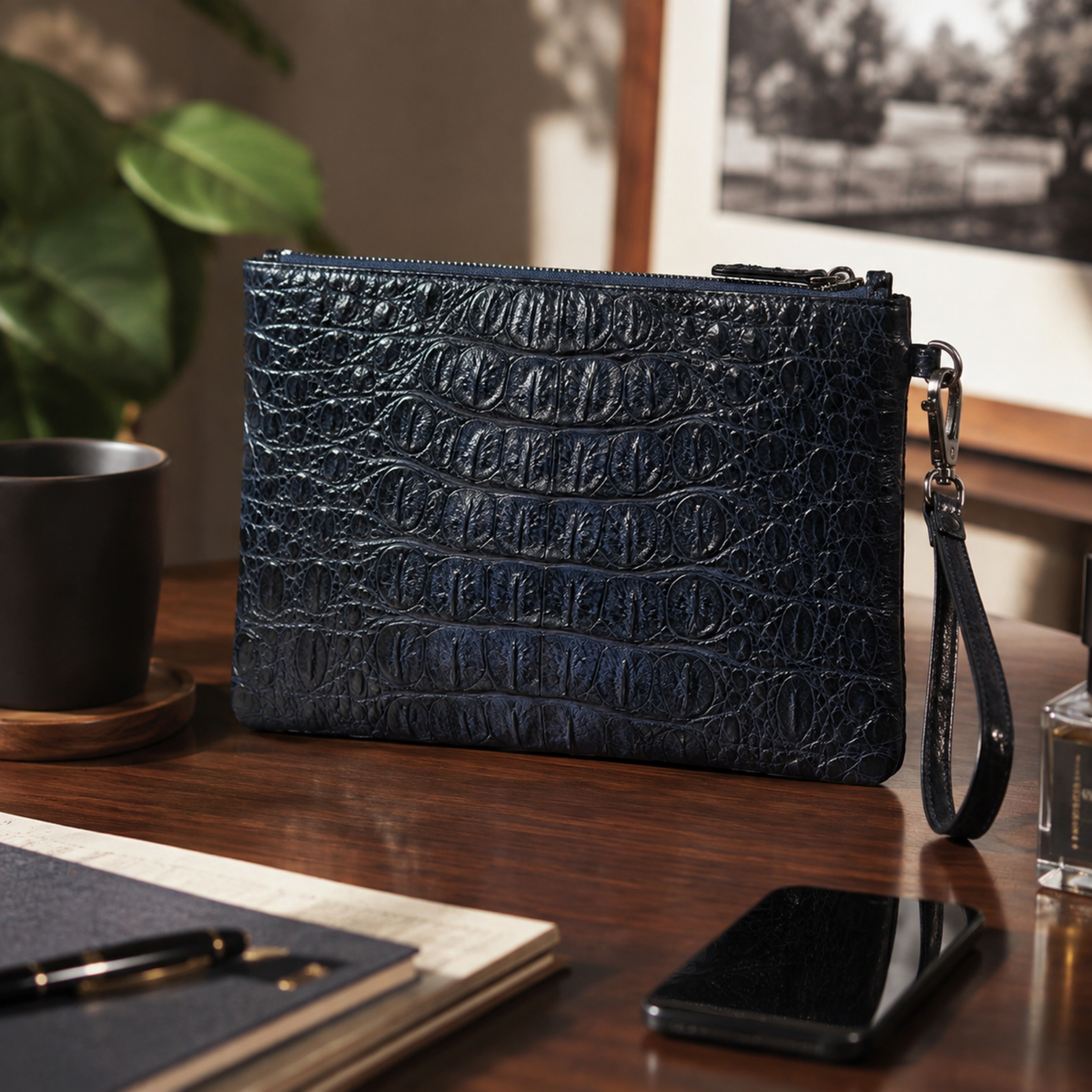 Deep navy designer exotic leather wristlet styled as a refined luxury accessory