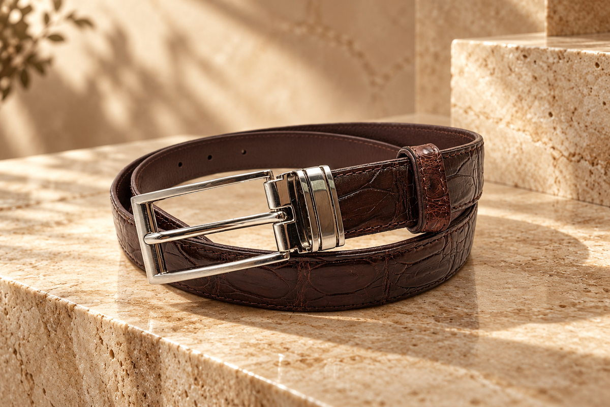 The Ellington dark brown crocodile leather belt with polished silver-tone buckle displayed on an elegant travertine stone surface.
