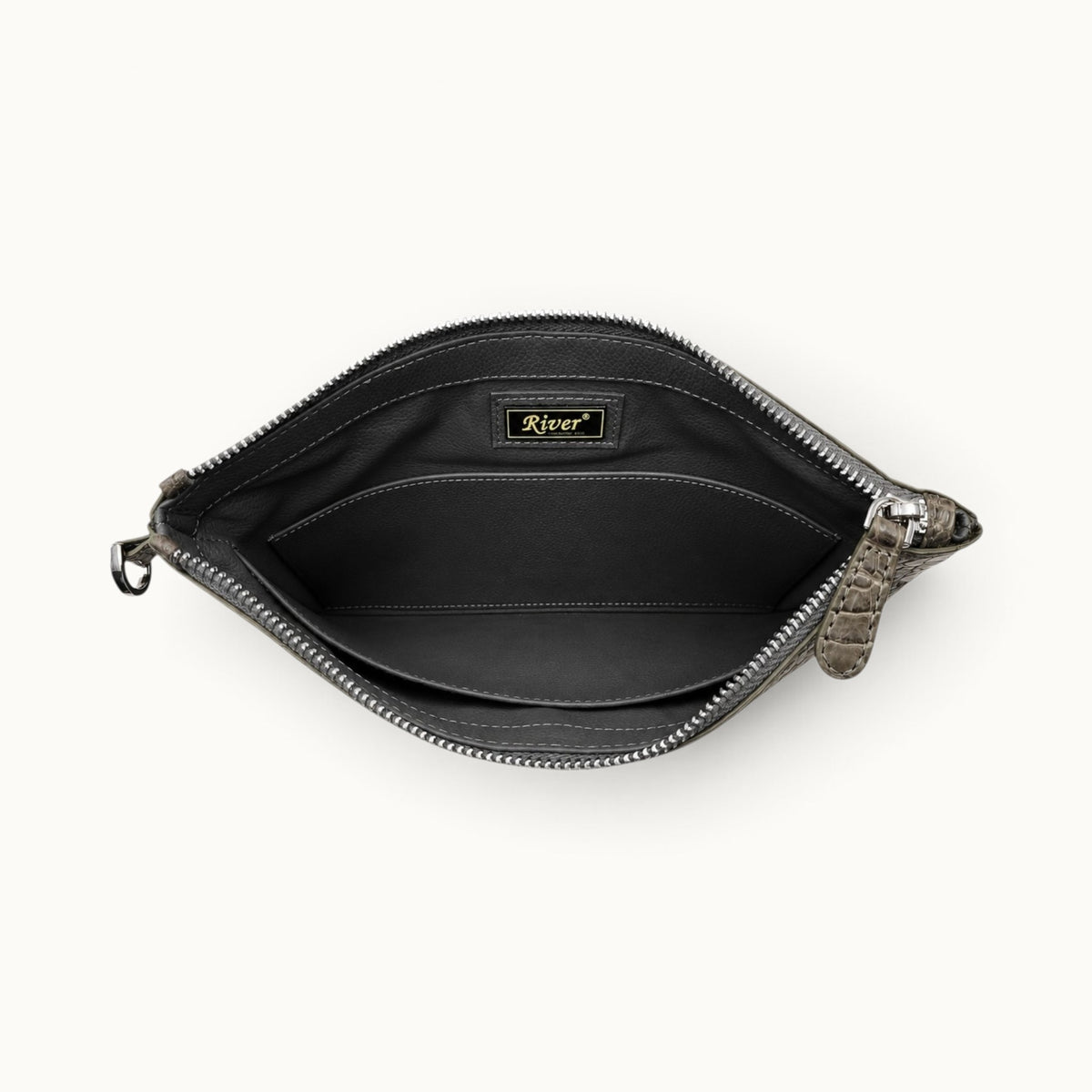 Taupe green exotic leather zip clutch with coordinated interior and practical slip pocket