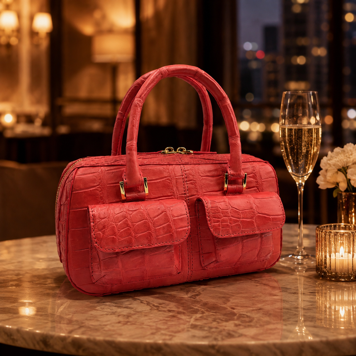 Fairmont Siamese crocodile handbag in Coral Red styled on a luxury marble table with champagne and warm evening lighting.