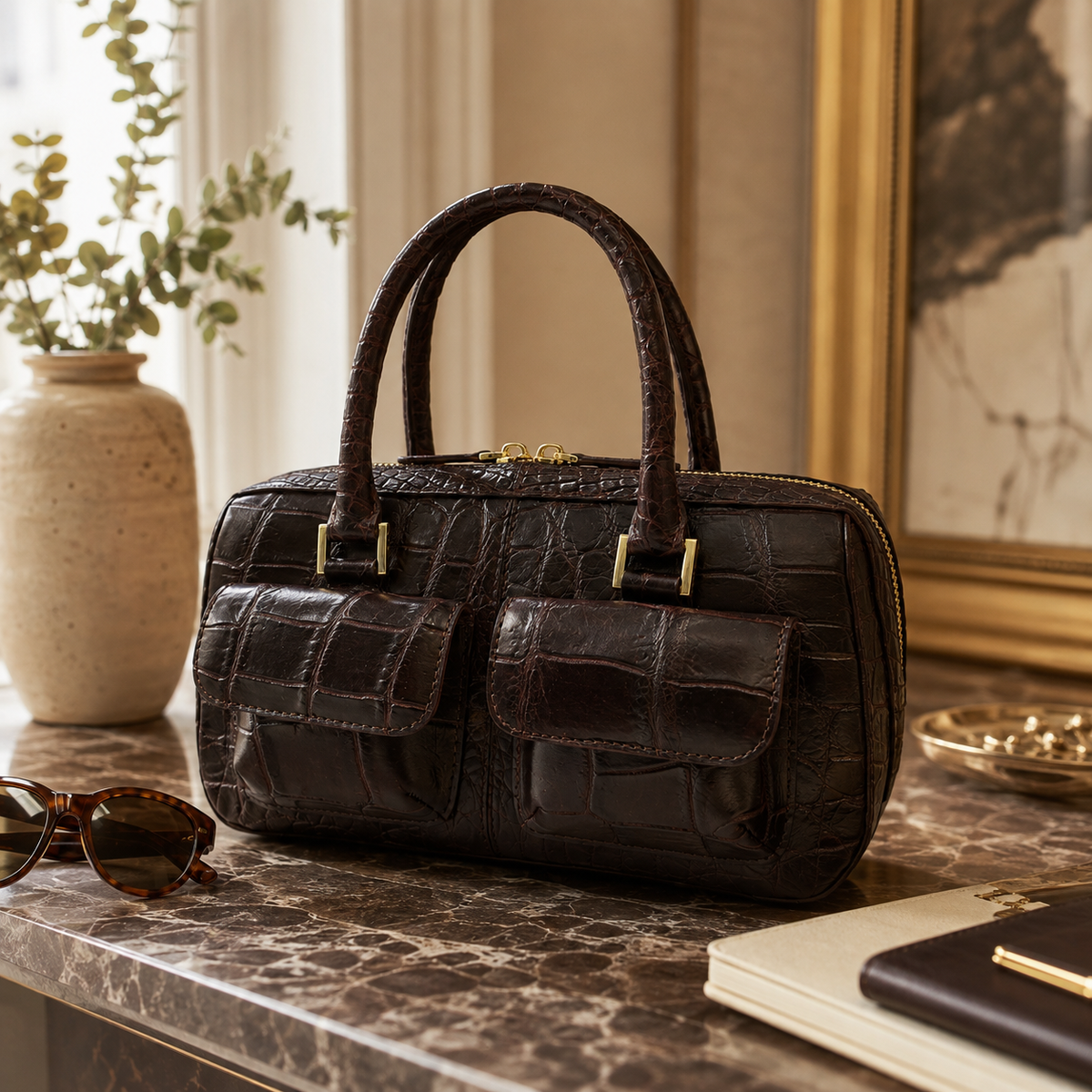 Fairmont Siamese crocodile handbag in Espresso Brown styled on a luxury marble console with sunglasses, notebook, and gold accents.