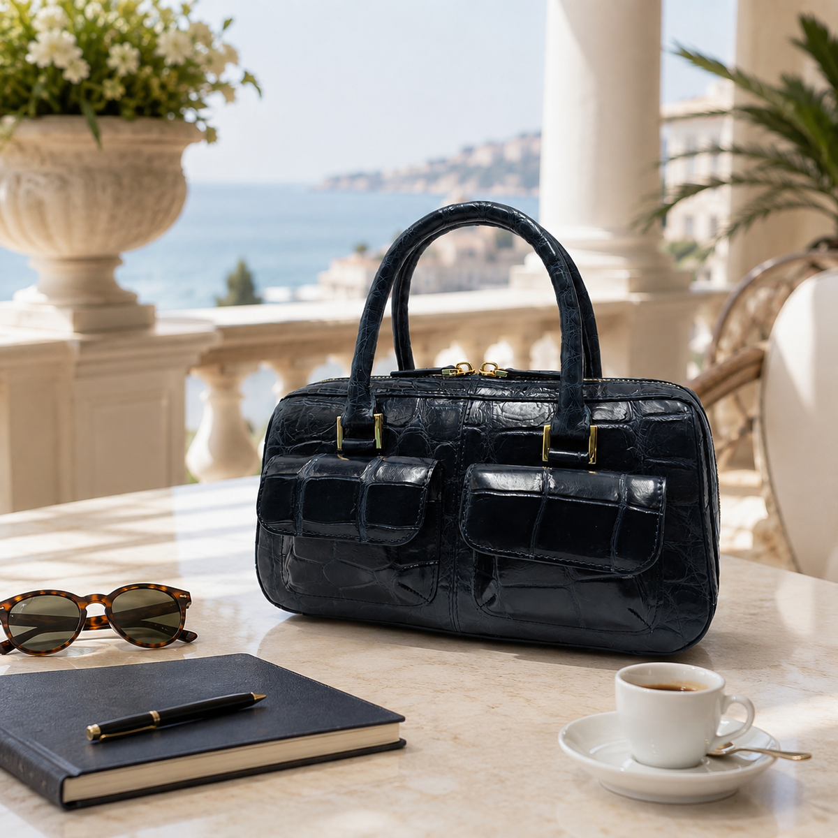 Fairmont Siamese crocodile handbag in Deep Navy styled on a luxury coastal terrace with sunglasses, notebook, pen, and coffee.