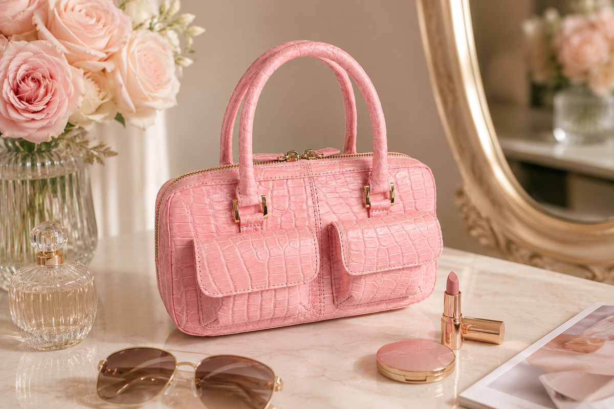 Fairmont Siamese crocodile handbag in Blush Pink styled on a luxury vanity with perfume, roses, sunglasses and beauty accessories.