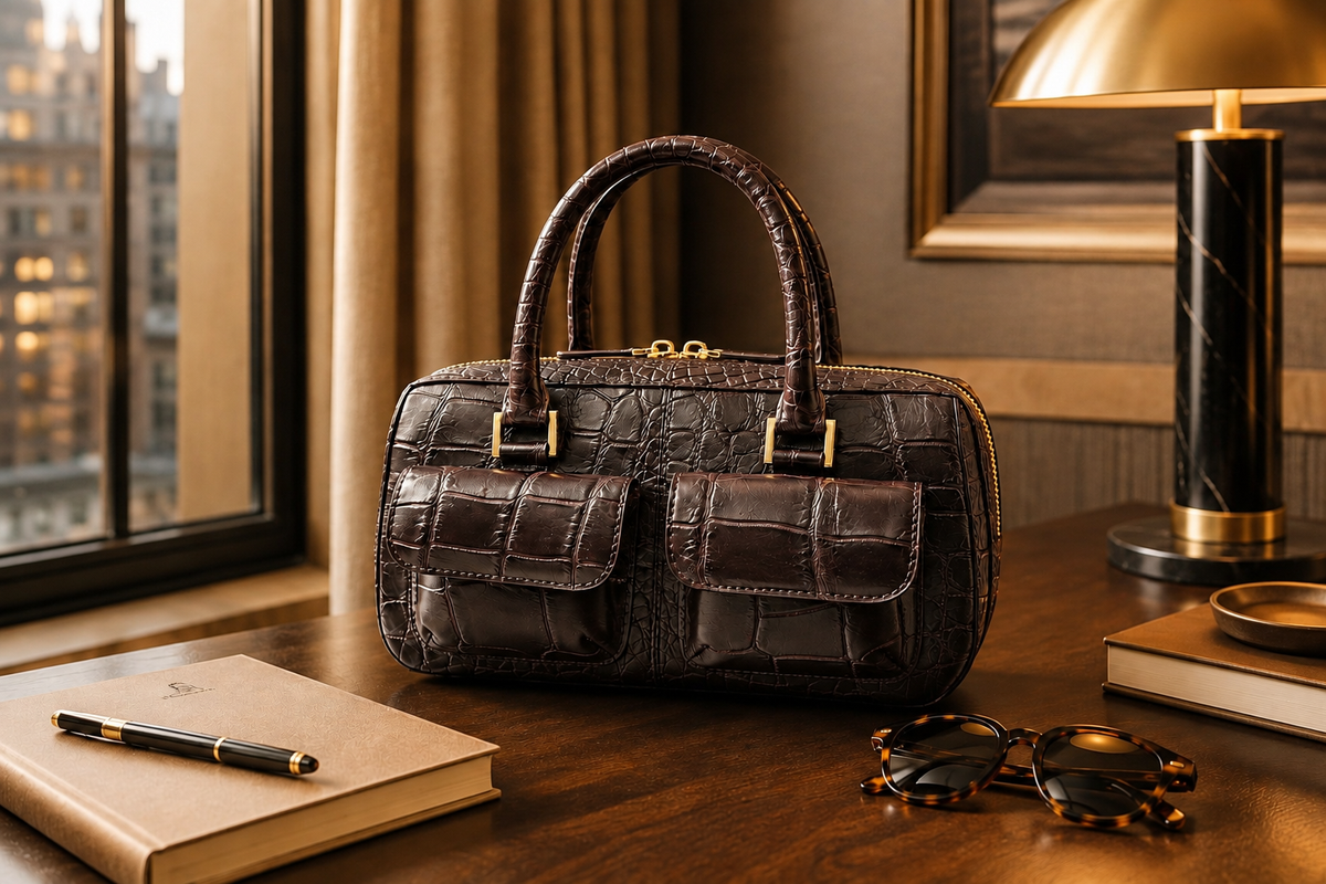 Fairmont Siamese crocodile handbag in Espresso Brown styled on a dark wood desk with notebook, pen and sunglasses.