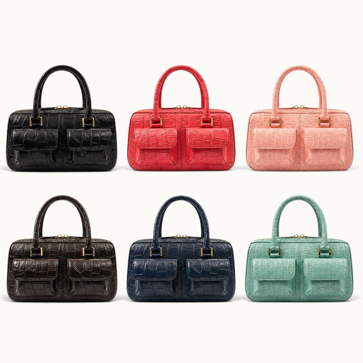 Fairmont Siamese crocodile handbag shown in six colors: Classic Black, Coral Red, Blush Pink, Espresso Brown, Deep Navy, and Seafoam Green.