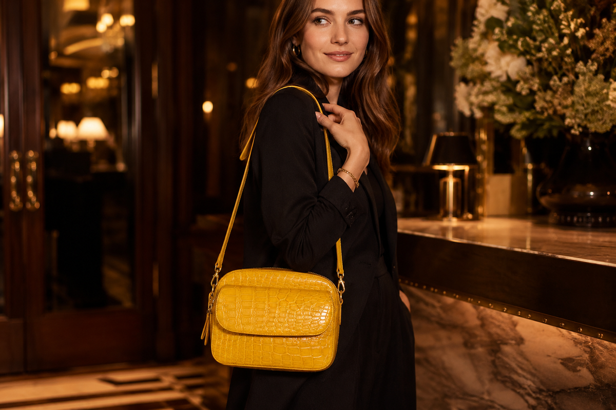 Woman carrying the Grosvenor Siamese crocodile crossbody bag in an elegant hotel lounge at evening.