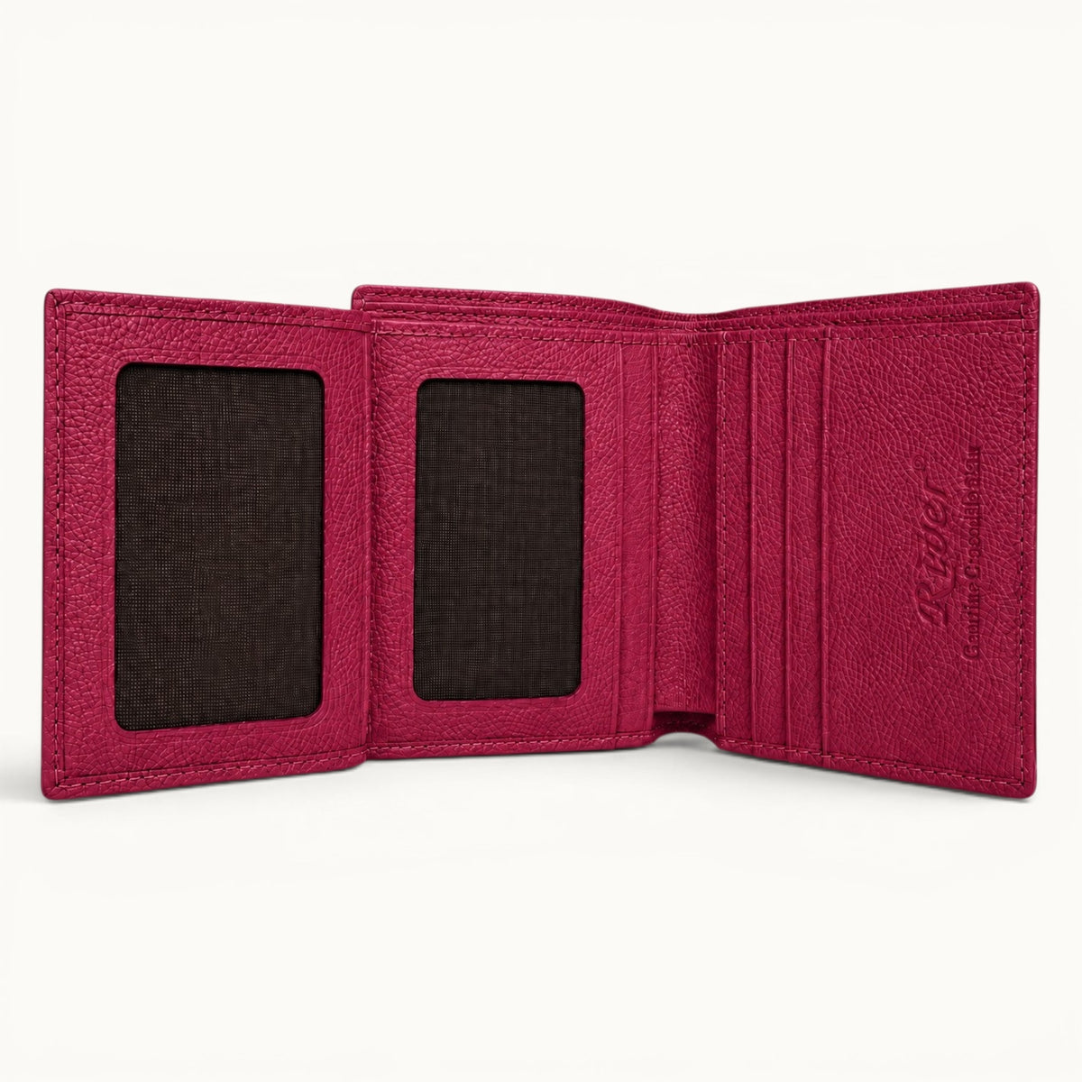 Herrington Bright Pink trifold wallet fully open, showing two mesh ID windows, six card slots, and a spacious full-grain cow leather interior.