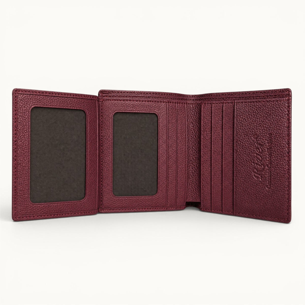 Herrington Cherry Red trifold wallet fully open, showing two mesh ID windows, six card slots, interior slip pockets, and a full-grain cow leather interior.
