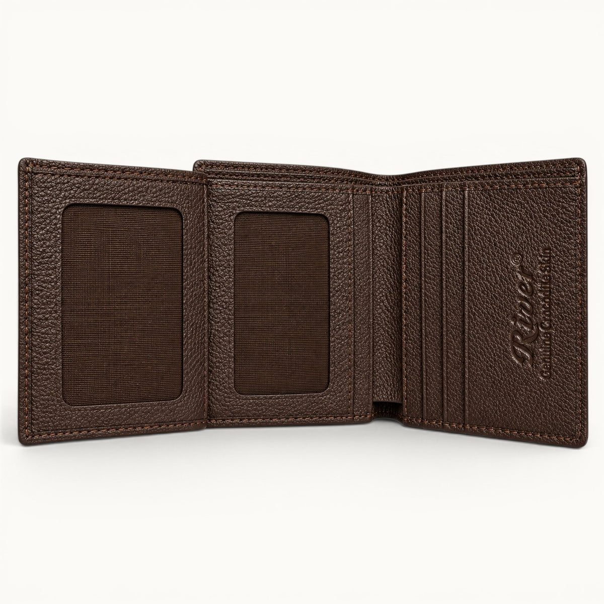 Herrington Espresso Brown trifold wallet fully open, showing two mesh ID windows, six card slots, interior slip pockets, and full-grain cow leather construction.