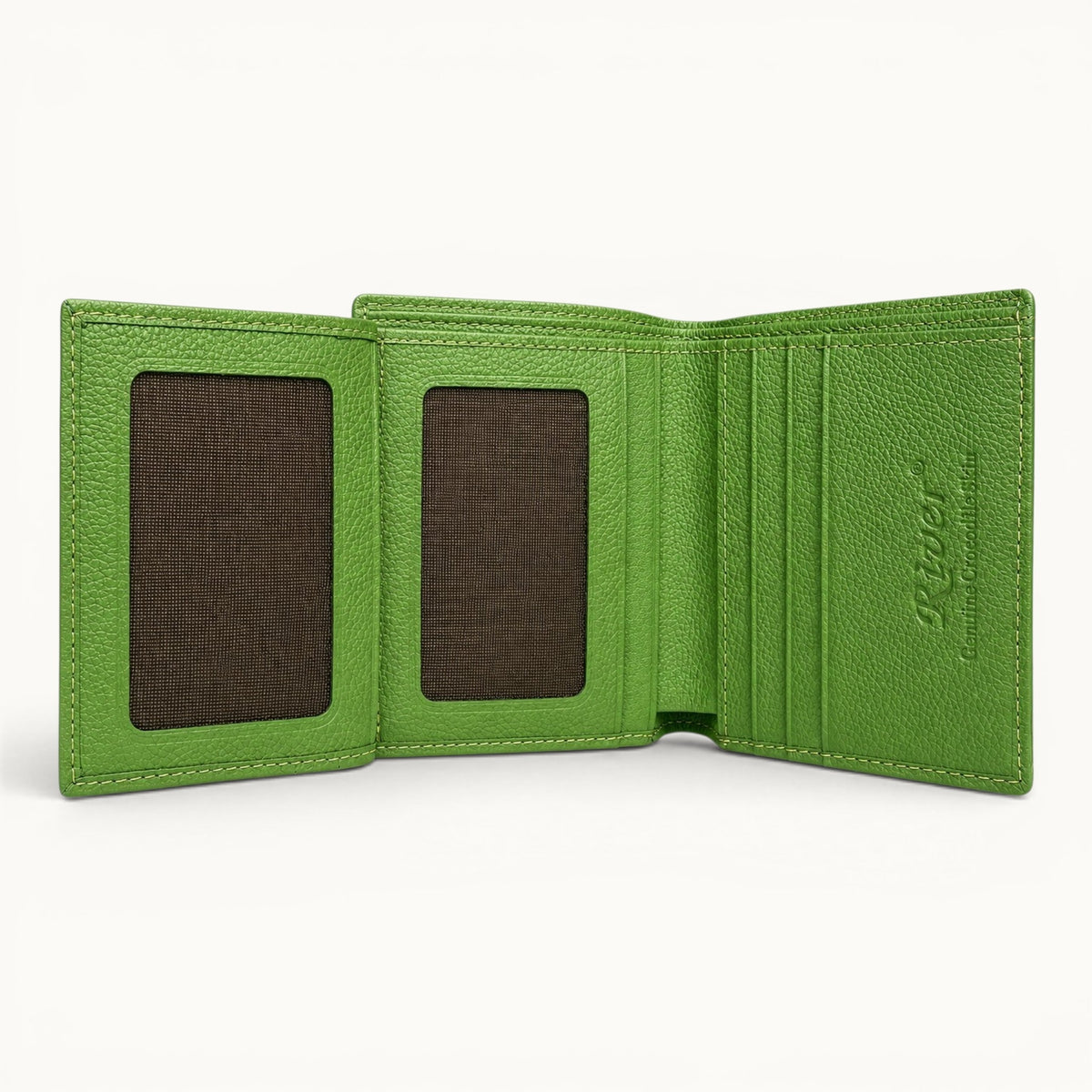 Herrington Lime Green trifold wallet fully open, showing two mesh ID windows, six card slots, interior slip pockets, and a full-grain cow leather interior.