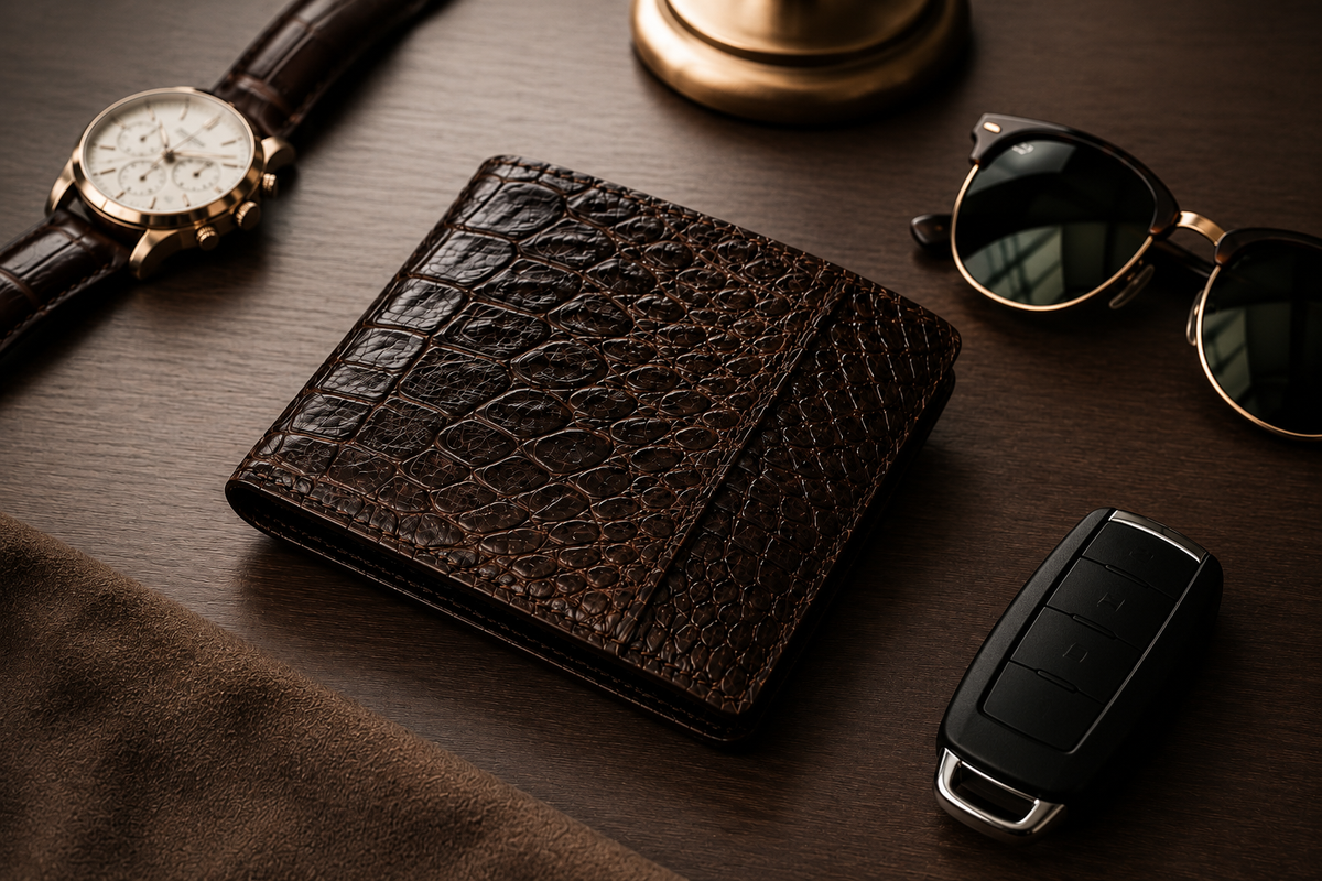 Herrington Espresso Brown Siamese crocodile leather trifold wallet styled with a luxury watch, sunglasses, and car key for refined everyday carry.