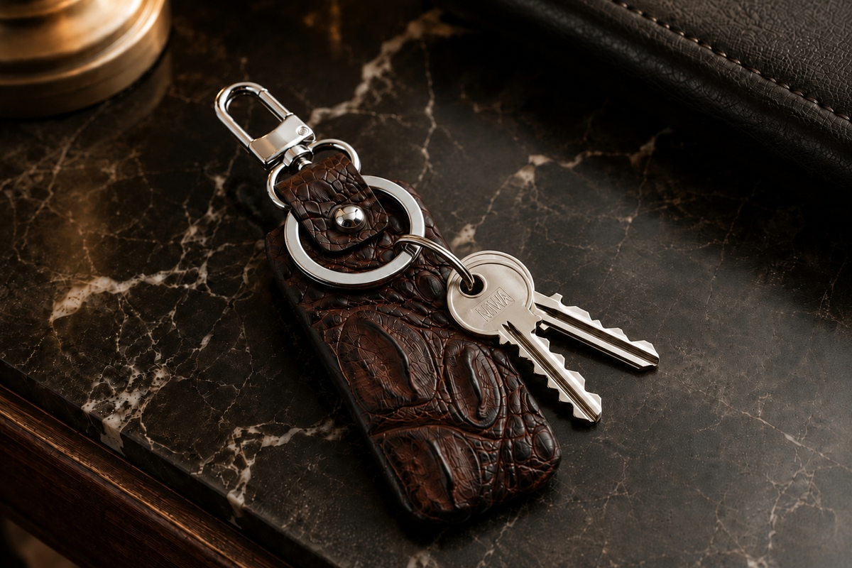 Brown Kensington alligator key fob with silver keys resting on a dark marble console.