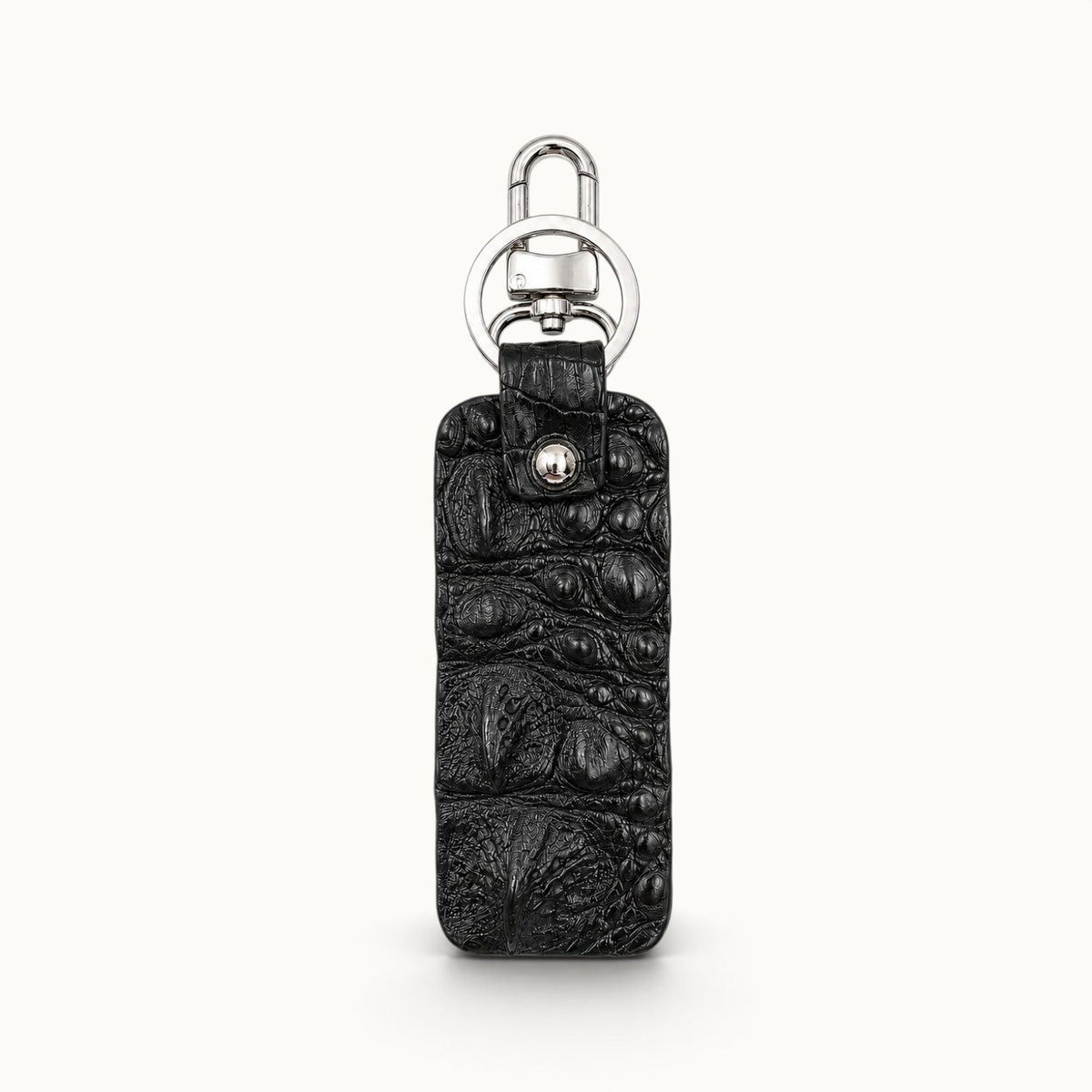 Back view of the Kensington black genuine alligator leather key fob with polished silver-tone swivel clasp and large key ring.