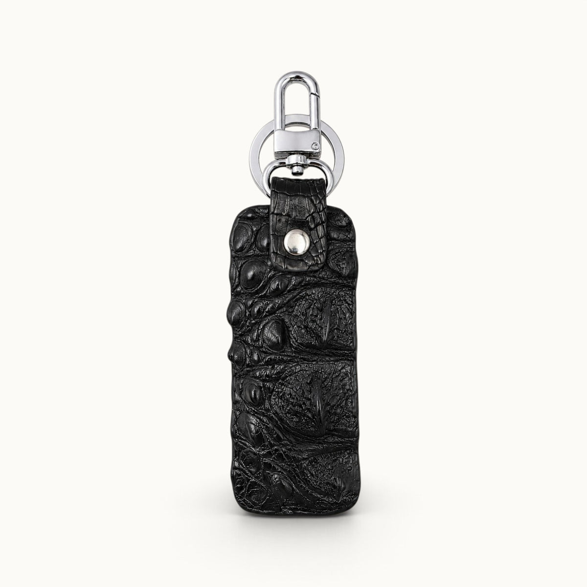 Front view of the Kensington black genuine alligator leather key fob with polished silver-tone swivel clasp and large key ring.