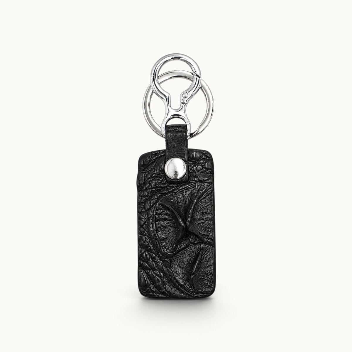 Front view of the Kensington Classic Black genuine alligator leather key fob with polished silver-tone rings and clasp.
