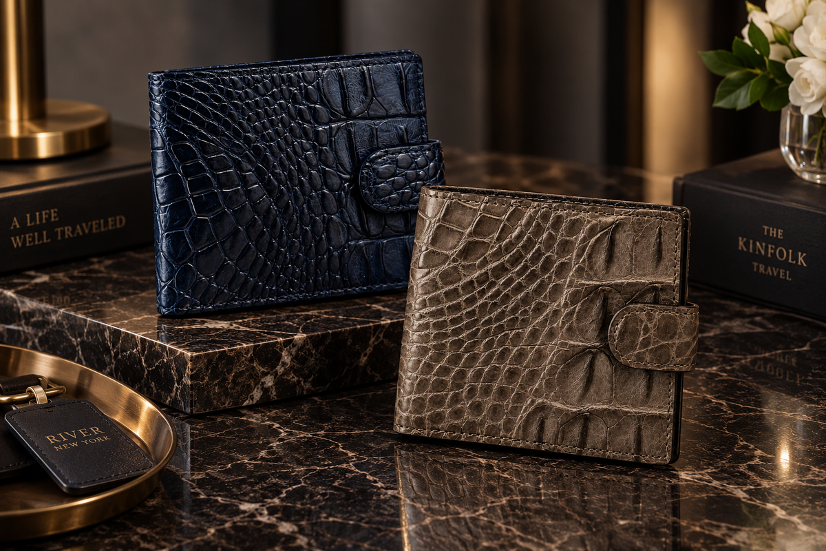 Deep navy and taupe green Langham crocodile wallets displayed together on a luxury dark marble surface