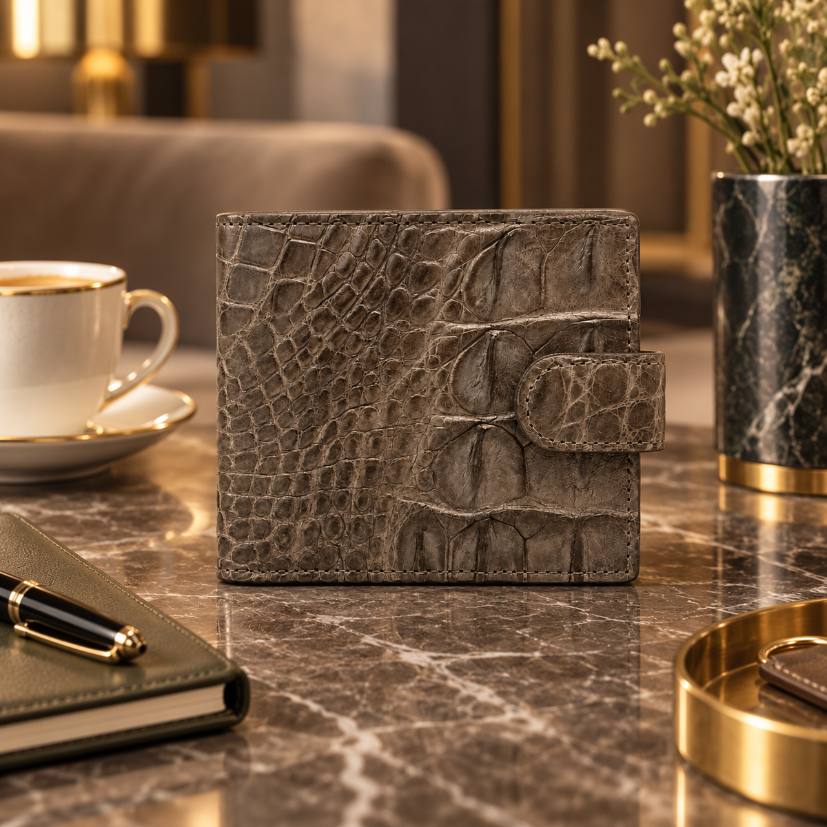 Taupe green Langham crocodile wallet displayed on a luxury marble table with refined desk accessories