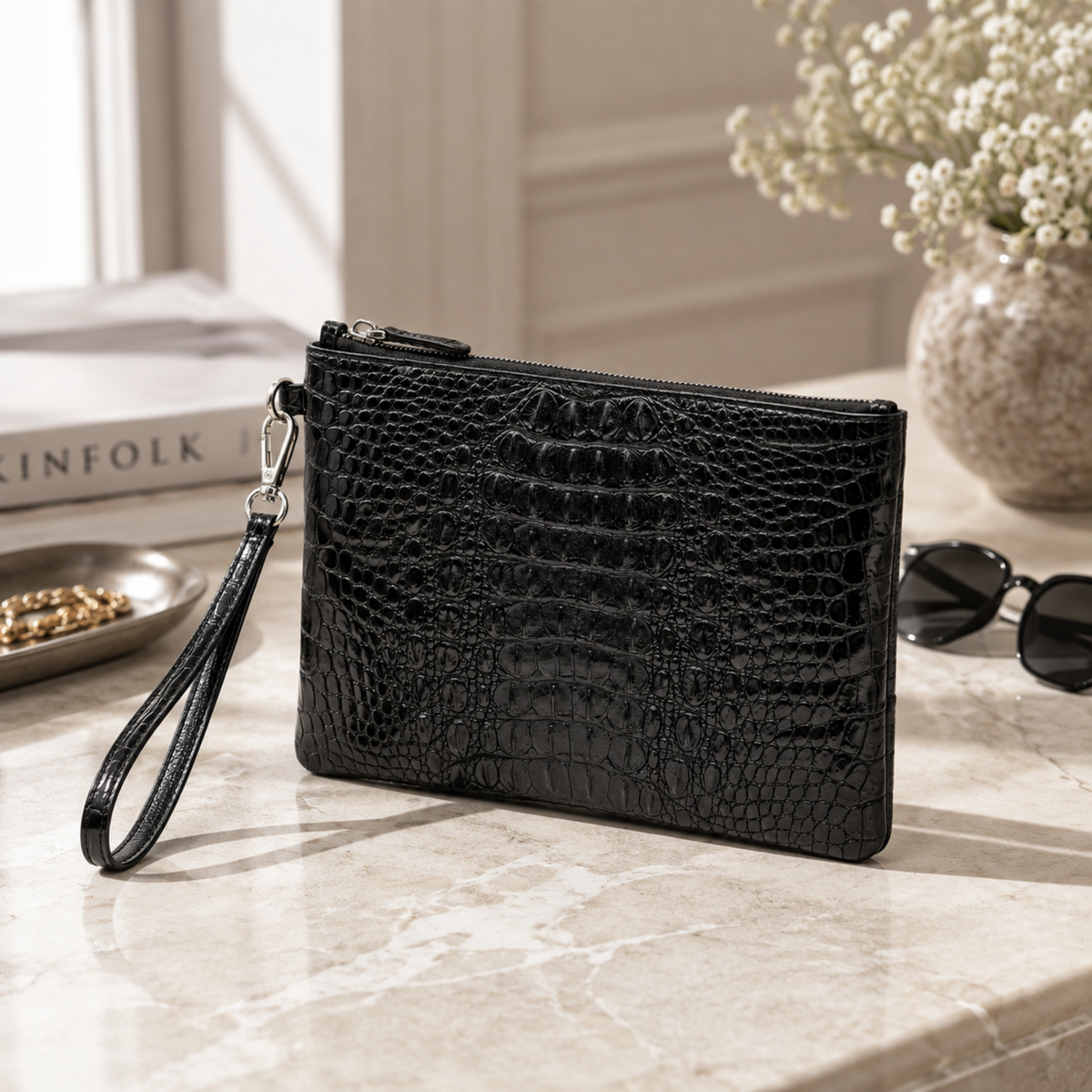 Luxury black crocodile evening clutch styled as a sophisticated statement accessory