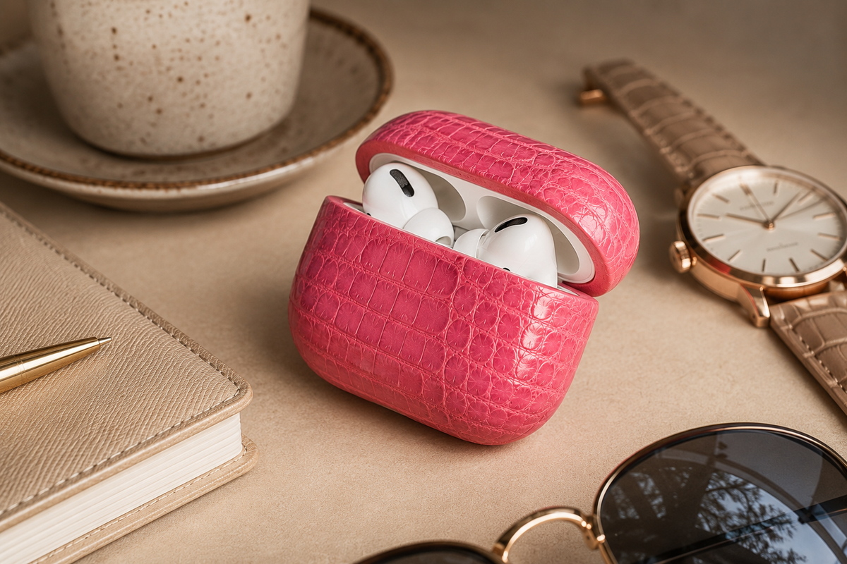 Pink genuine crocodile leather AirPods case open with white AirPods, styled beside a watch, notebook, pen, sunglasses, and ceramic cup.