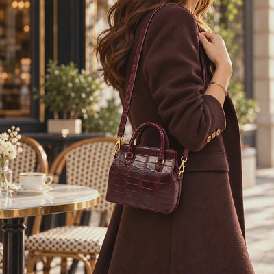 Woman wearing The Ellery Crocodile Handbag in deep Bordeaux with its detachable shoulder strap, walking past an elegant outdoor café. The video highlights the handbag's structured silhouette, crocodile leather texture, and gold-tone hardware.