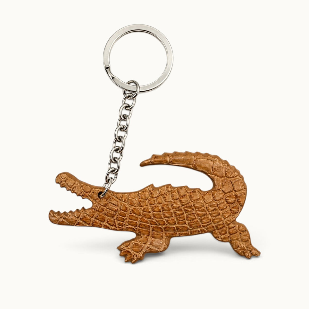 Camel brown Siamese crocodile leather keychain with silver-tone ring and chain