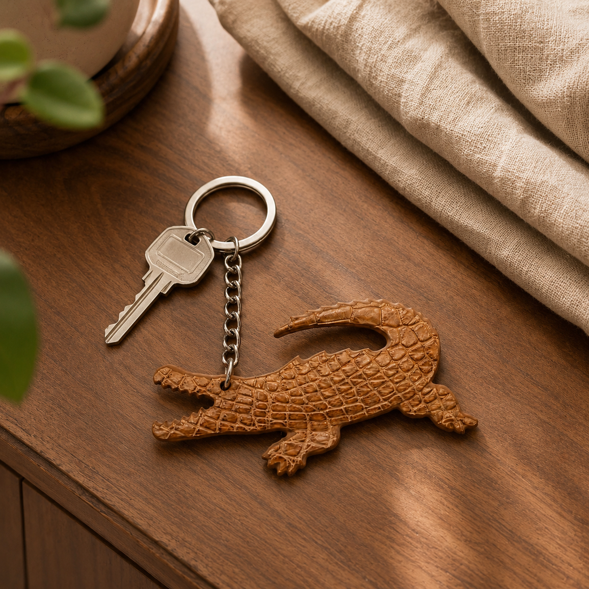 Camel brown Siamese crocodile leather keychain styled with a key on a wooden table