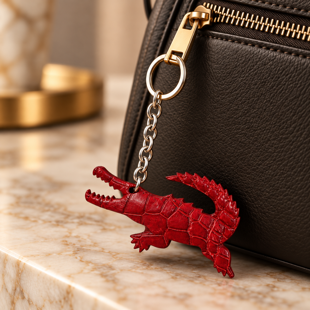 Cherry red Siamese crocodile leather key charm attached to a zipper pull on a dark brown leather bag